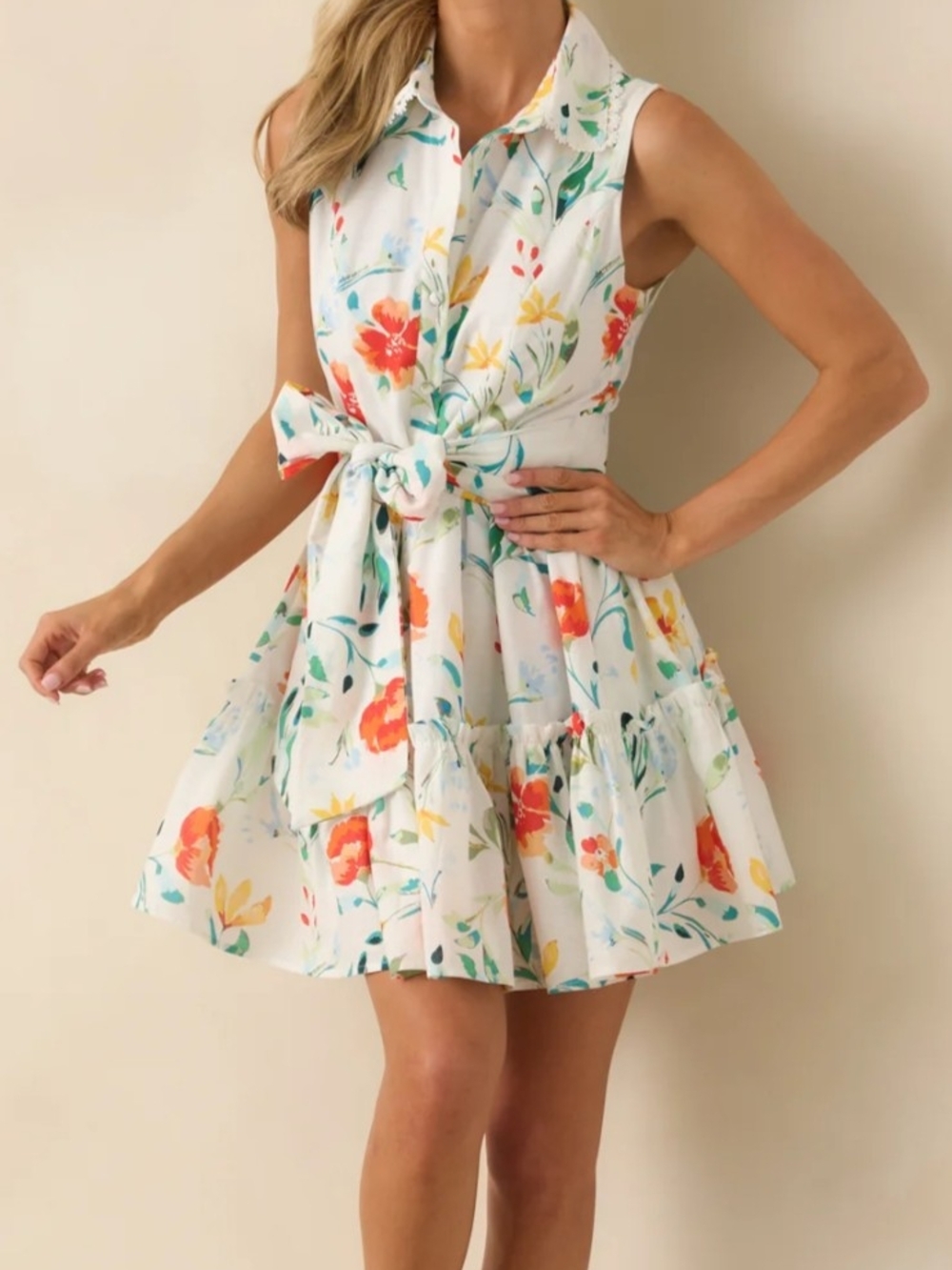 Prosperina Sleeveless Floral Tie-Waist Dress in White with Multicolor Blooms